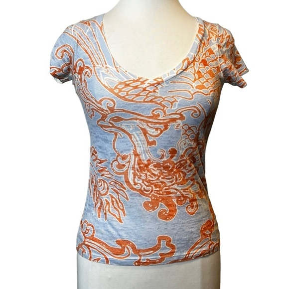 BEFORE & Again Boho Asian Print Burnout V-Neck Tee Shirt Lavender Haze & Brick - Picture 1 of 4